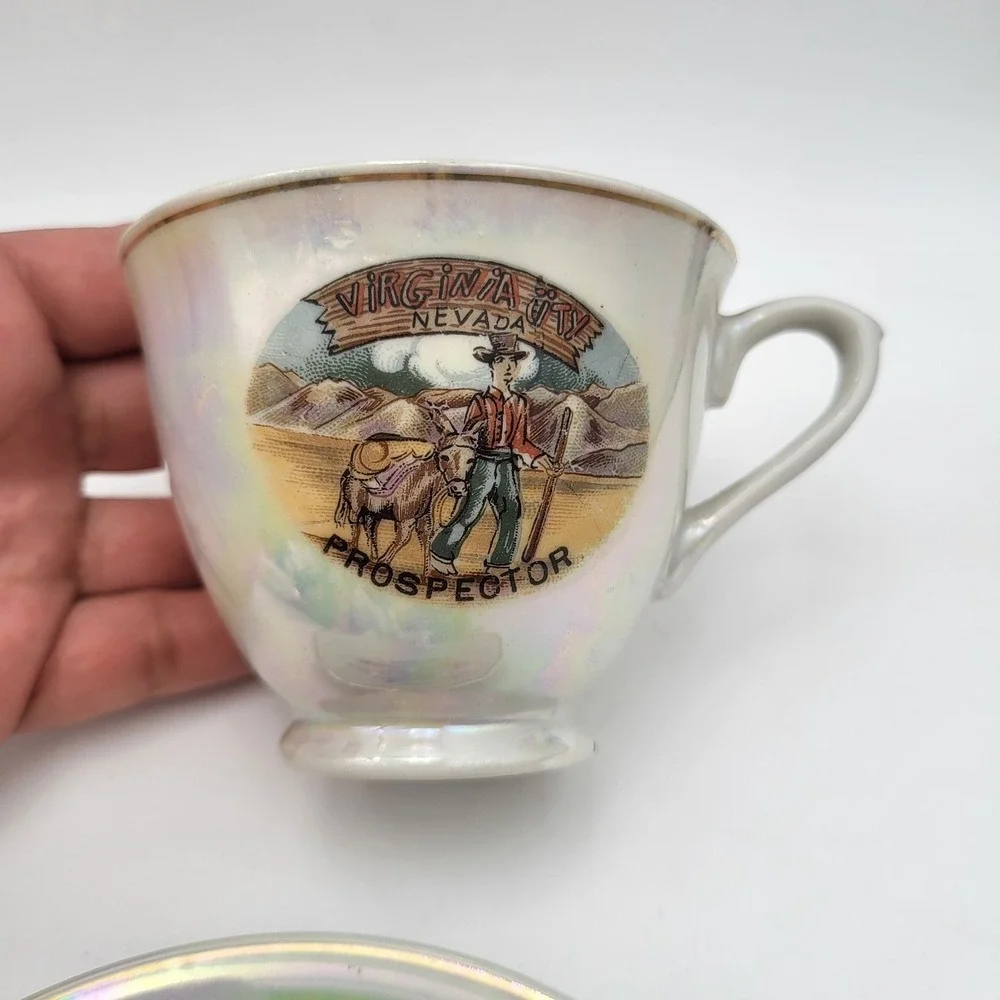 Vintage Souvenir Tea Cup & Saucer Iridescent Virginia City Nevada Prospector